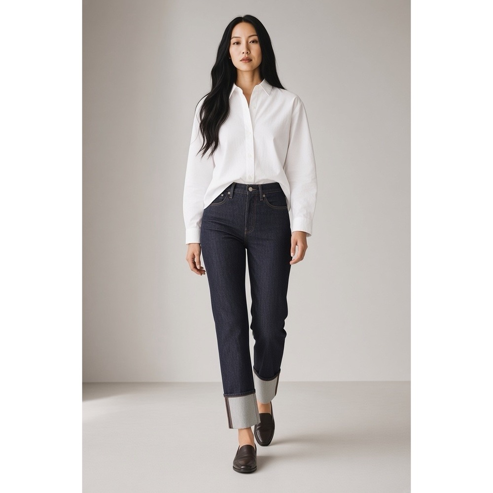 Everlane Size 26R The High Rise Straight Jean Cuffed Dark Indigo Low Stretch